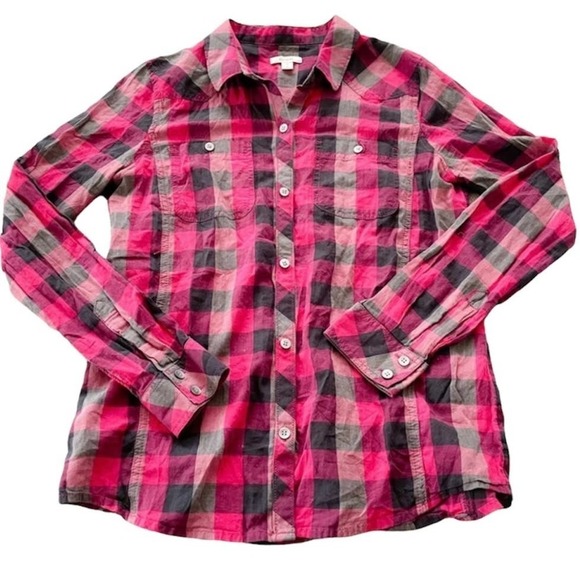 Caslon Tops - Caslon Pink + Grey Plaid Cotton Button Up Shirt - Size small